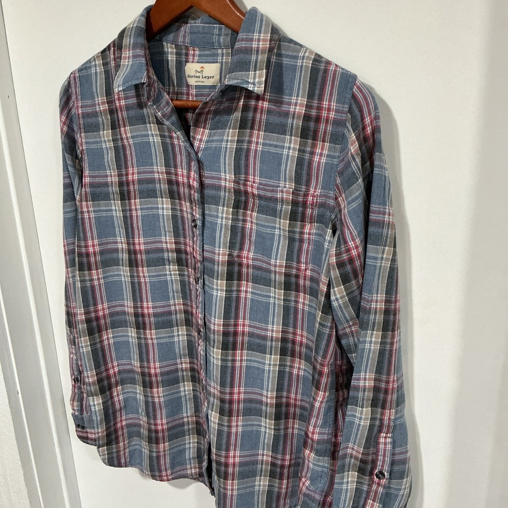Marine Layer Plaid Flannel Button Down Shirt, Medium, Blue - Picture 2 of 8